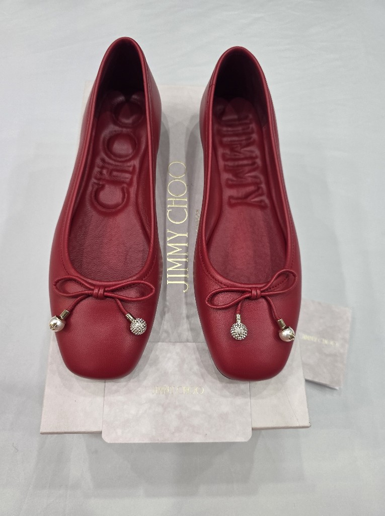 Jimmy Choo Red Leather Ballet Flats With Crystal-Tip Bow (Size 8) Nwt